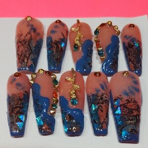 Blue and Gold Embellished Nail Set
